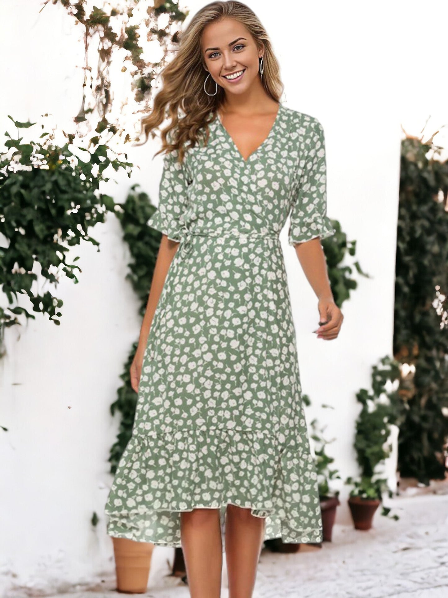 Printed Solid Color Ruffle Sleeves Dress