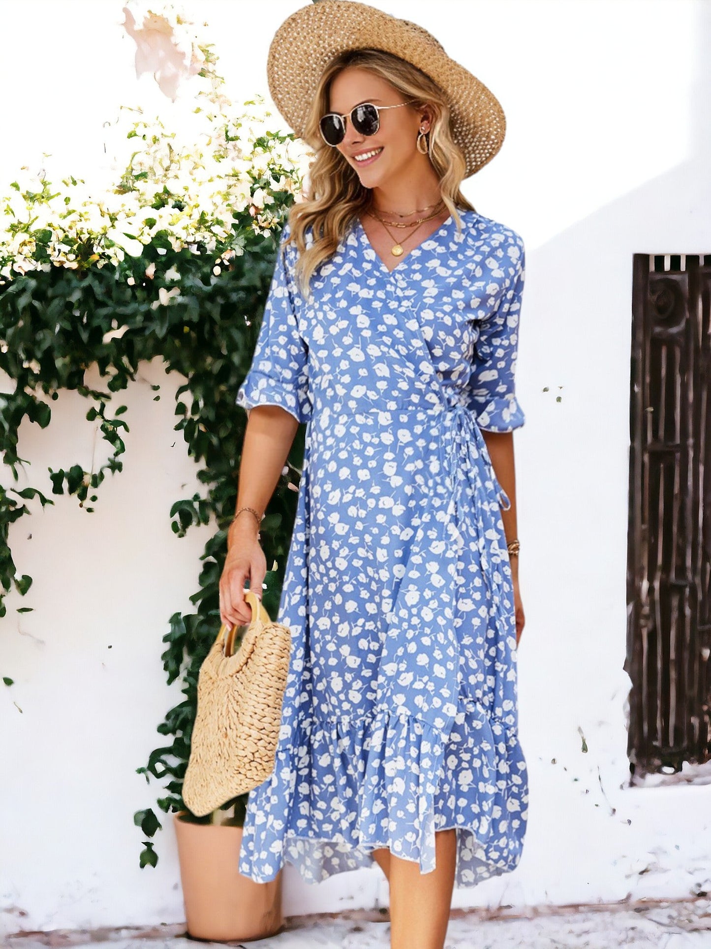 Printed Solid Color Ruffle Sleeves Dress