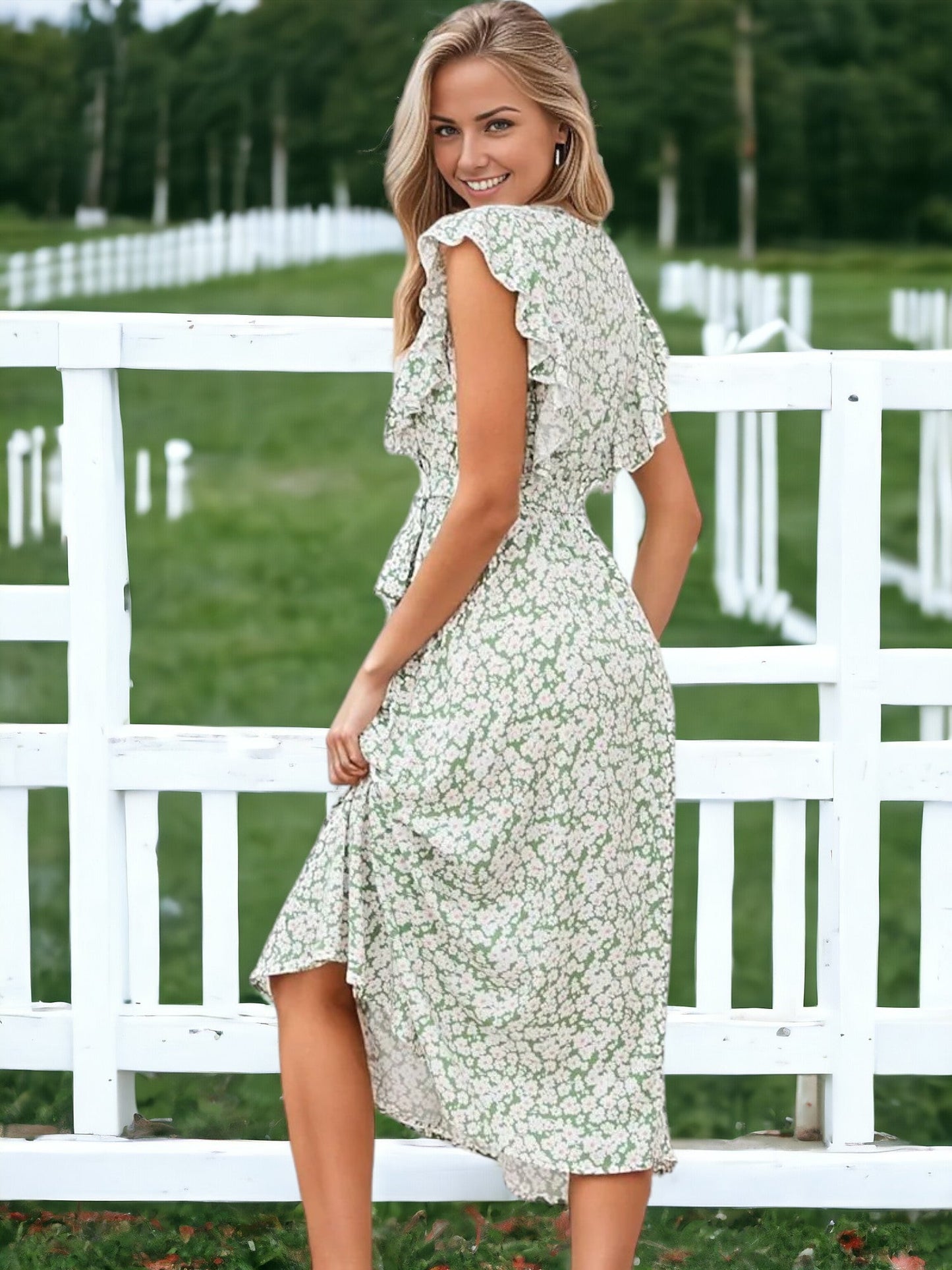Ruffle Detail Floral Slit Dress