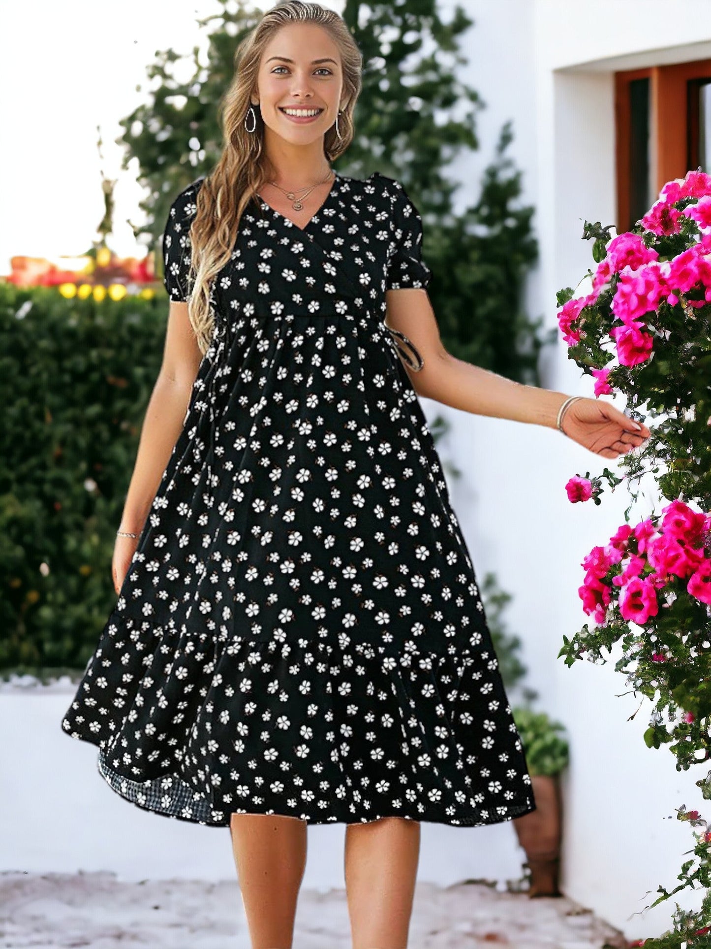 Double Tie Waist Printed Dress