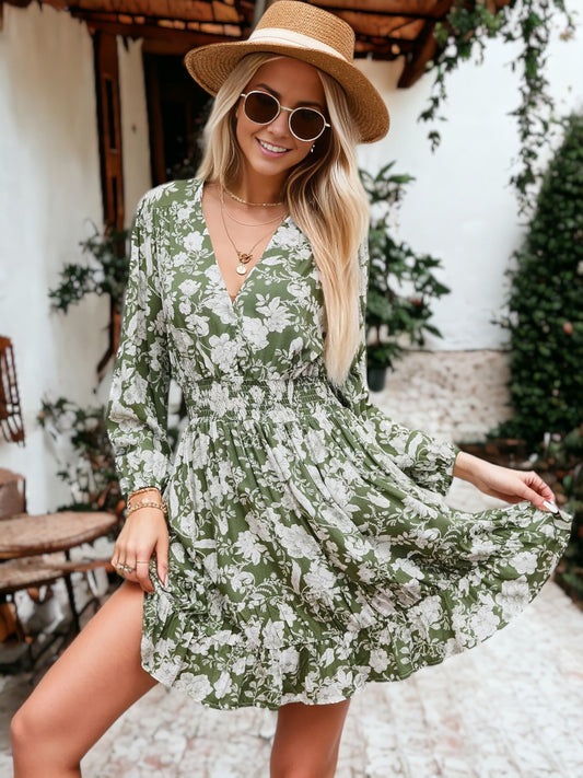 Floral Print Smocked Waist Pleated Hem Floral Dress