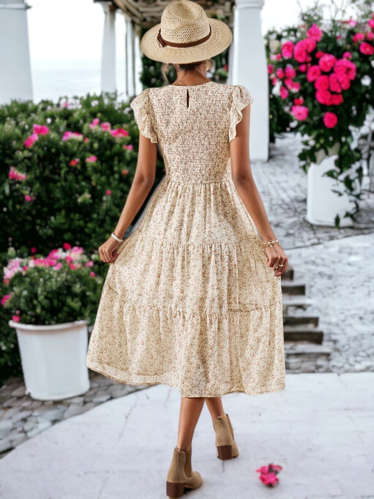 Flower Printed Smocked Check Ruffle Cap Sleeve Gathered Midi Dress