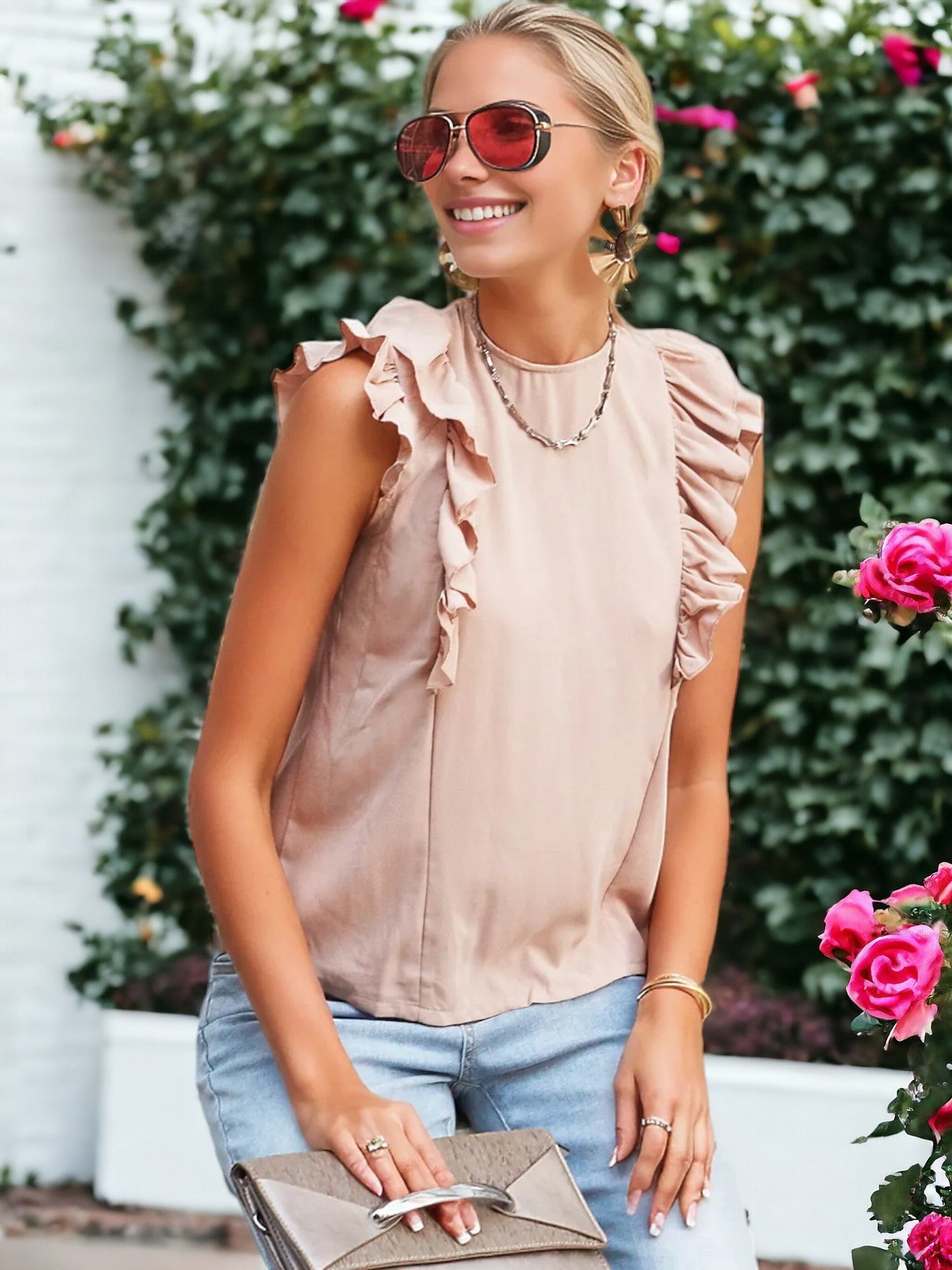 Ruffle Sleeveless Tied Open Back Blouse