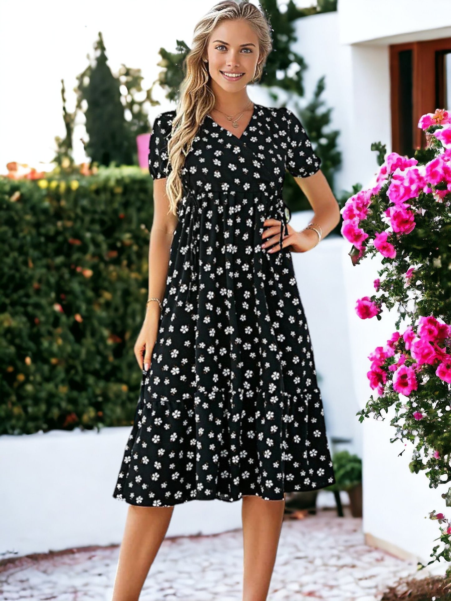 Double Tie Waist Printed Dress