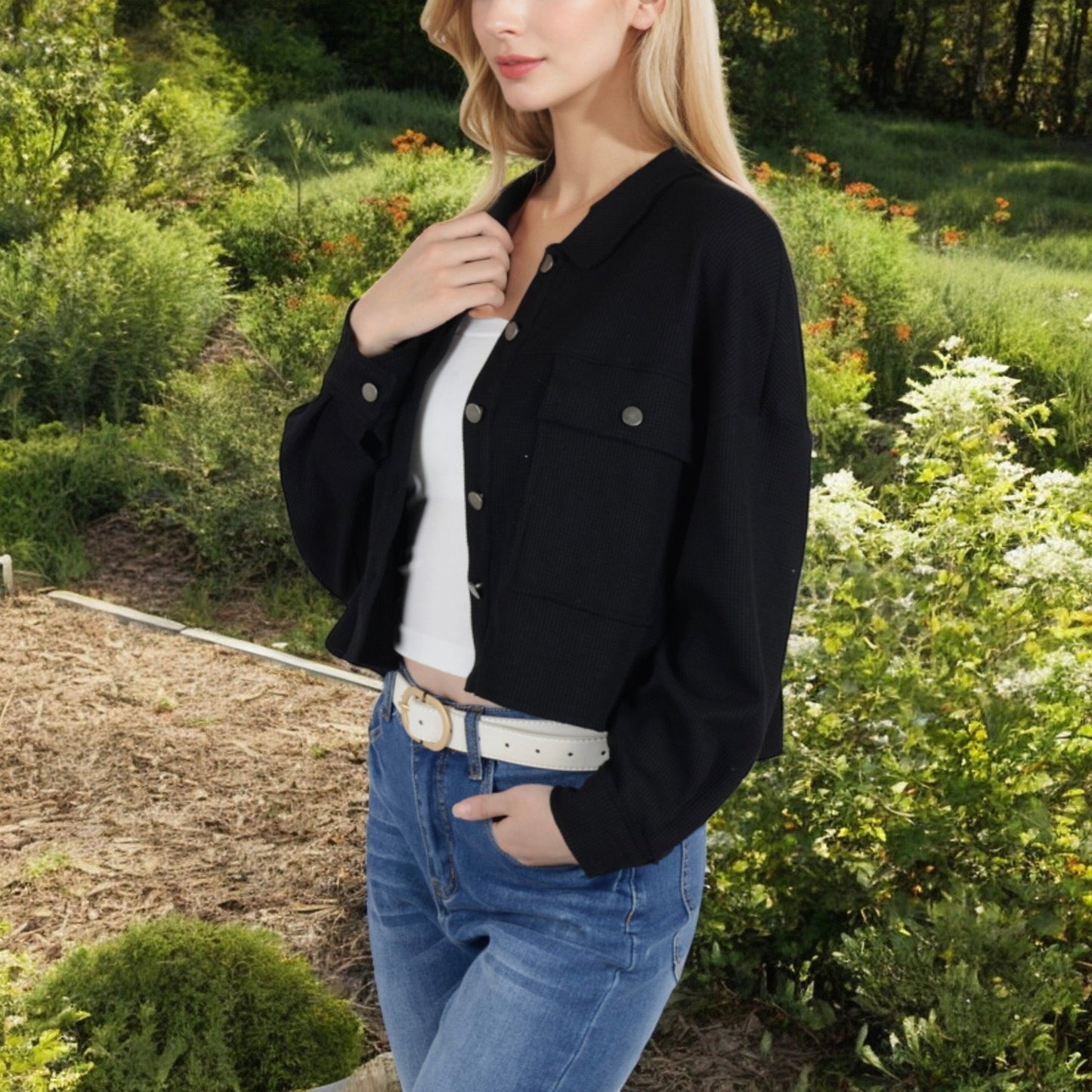 Anna-Kaci Women's Cropped Button-Up Jacket with Chest Pockets and Collared Neckline