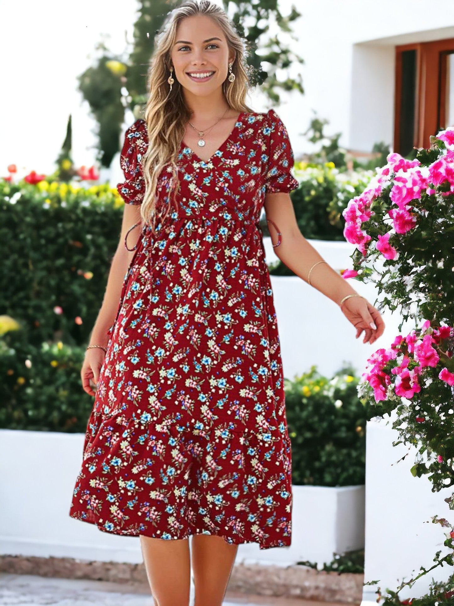 Double Tie Waist Printed Dress