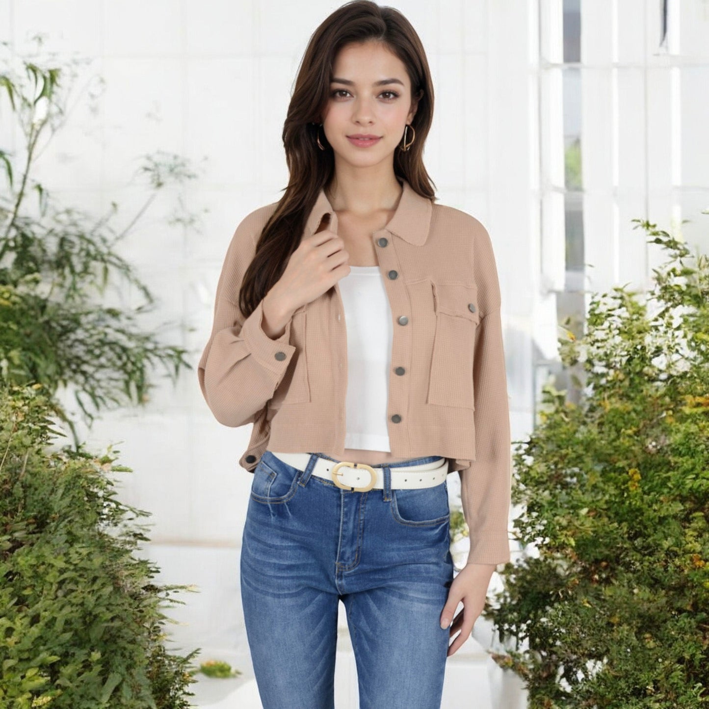 Anna-Kaci Women's Cropped Button-Up Jacket with Chest Pockets and Collared Neckline
