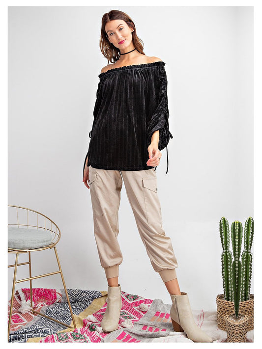 Velvet Ruched Tie-Up Quarter Sleeve Top