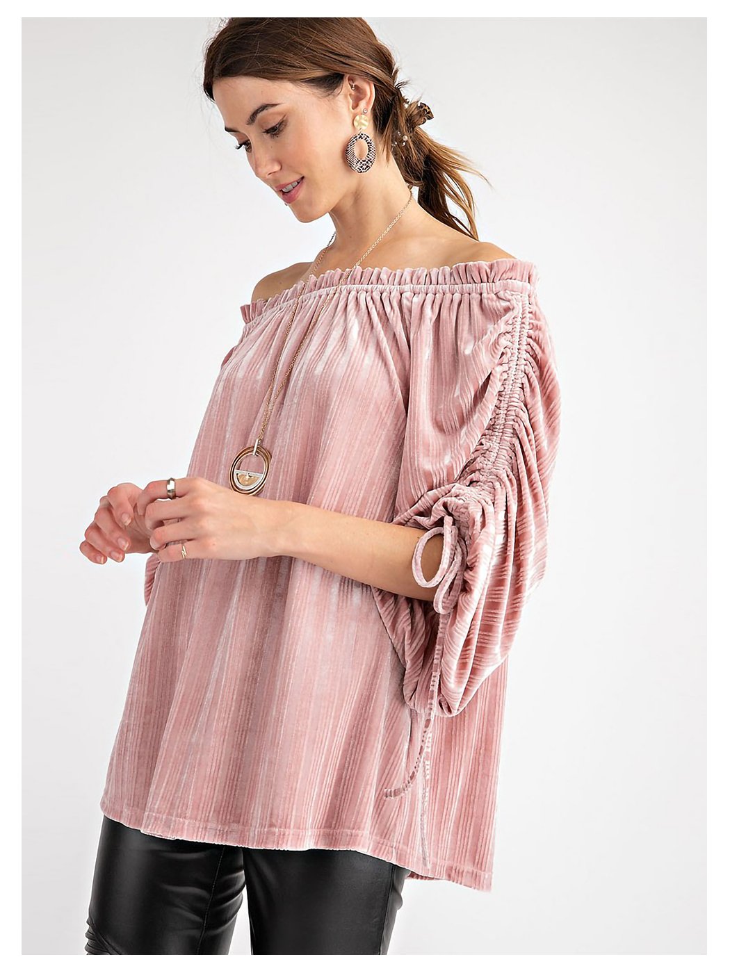Velvet Ruched Tie-Up Quarter Sleeve Top