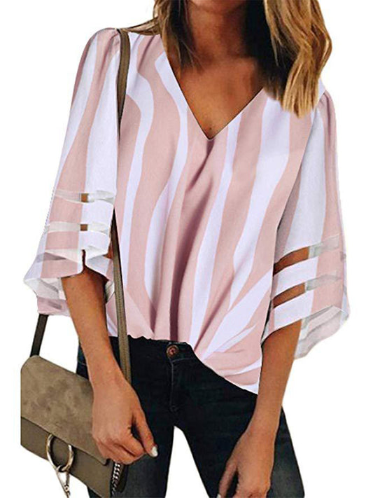 V-neck Trumpet Sleeve Striped Print Shirt