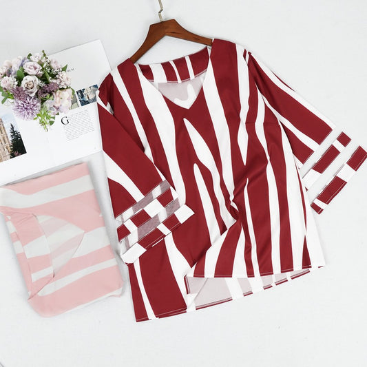 V-neck Trumpet Sleeve Striped Print Shirt