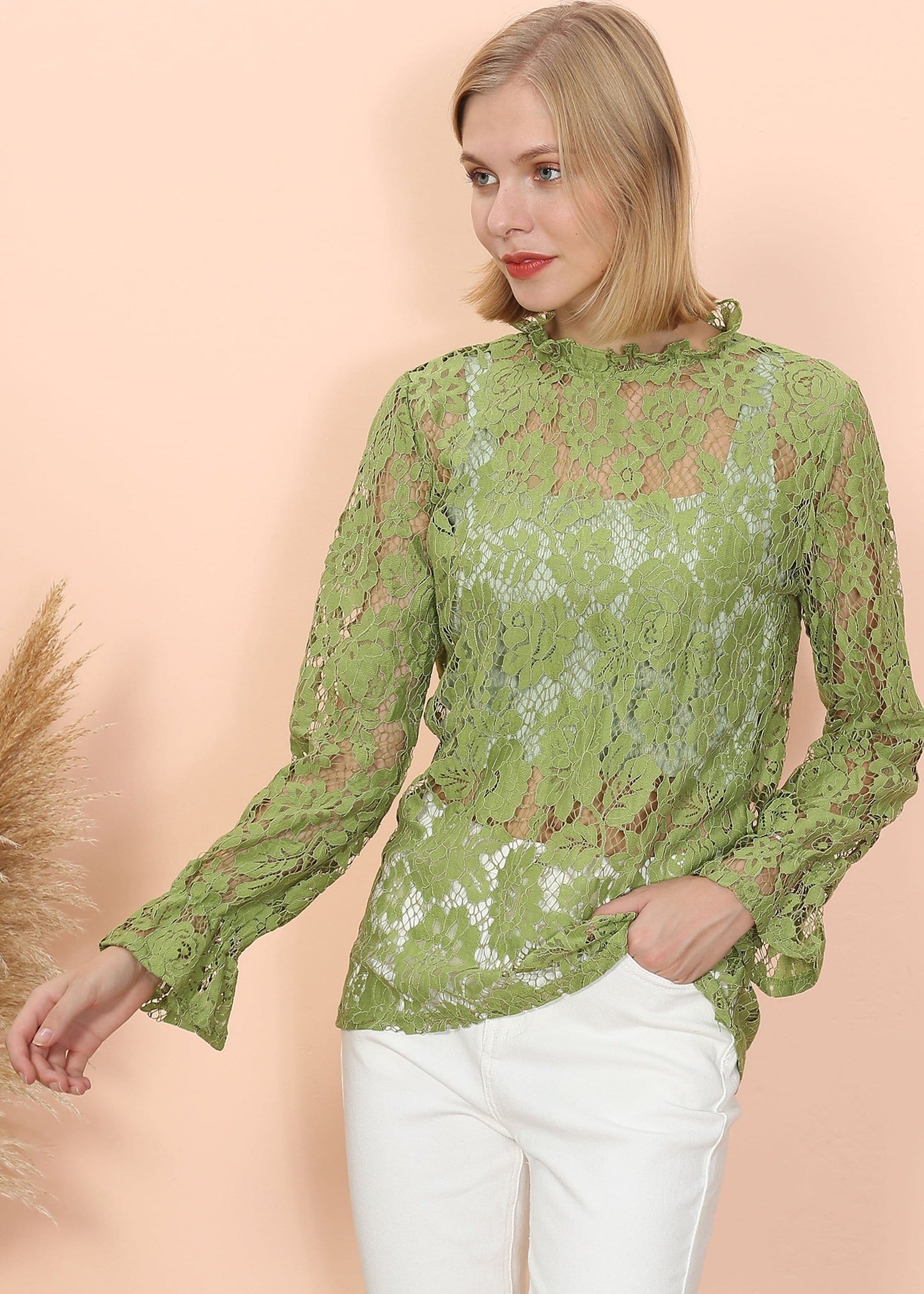 Layering Lace Puffed Sleeve Sheer Top