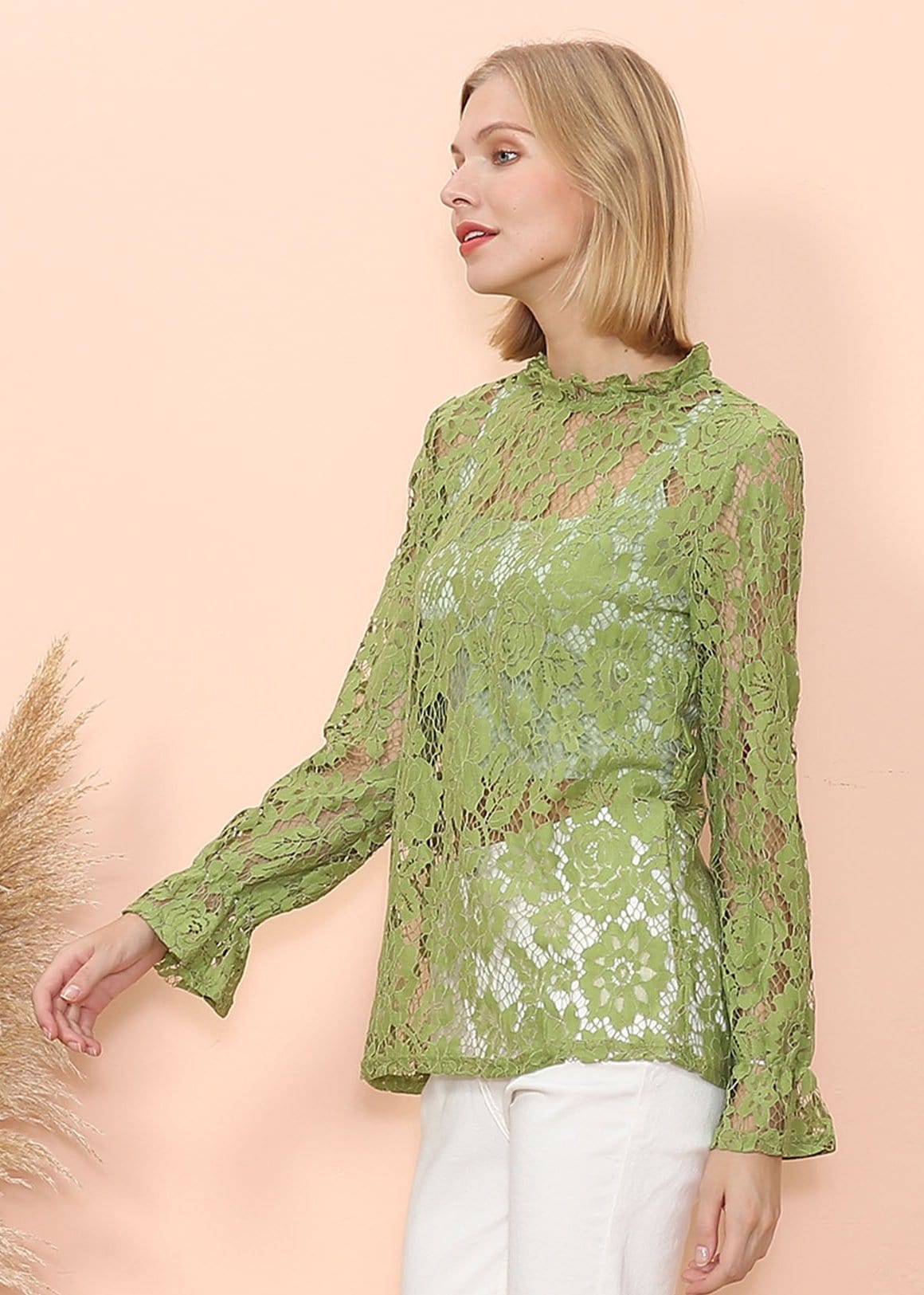 Layering Lace Puffed Sleeve Sheer Top