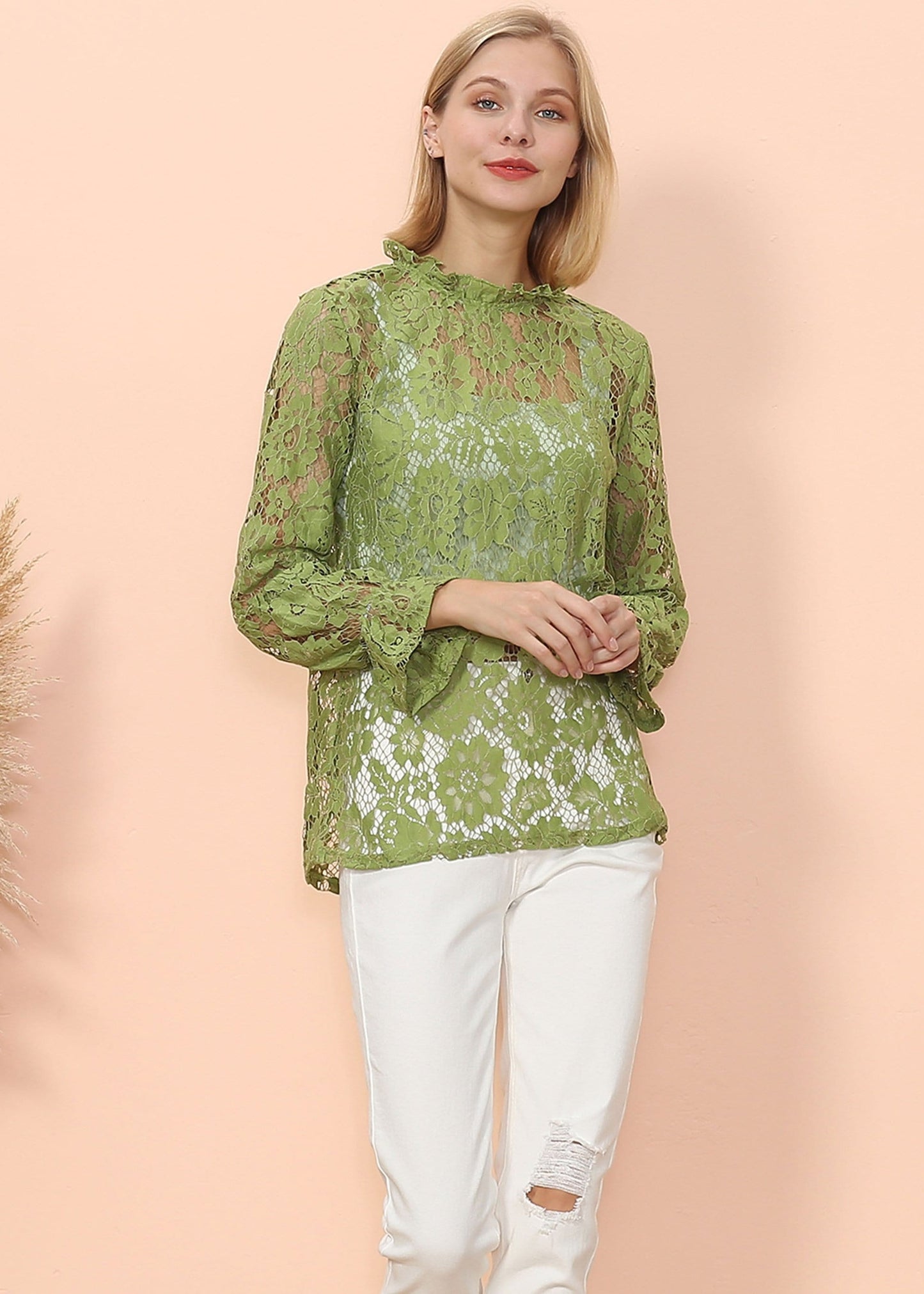 Layering Lace Puffed Sleeve Sheer Top