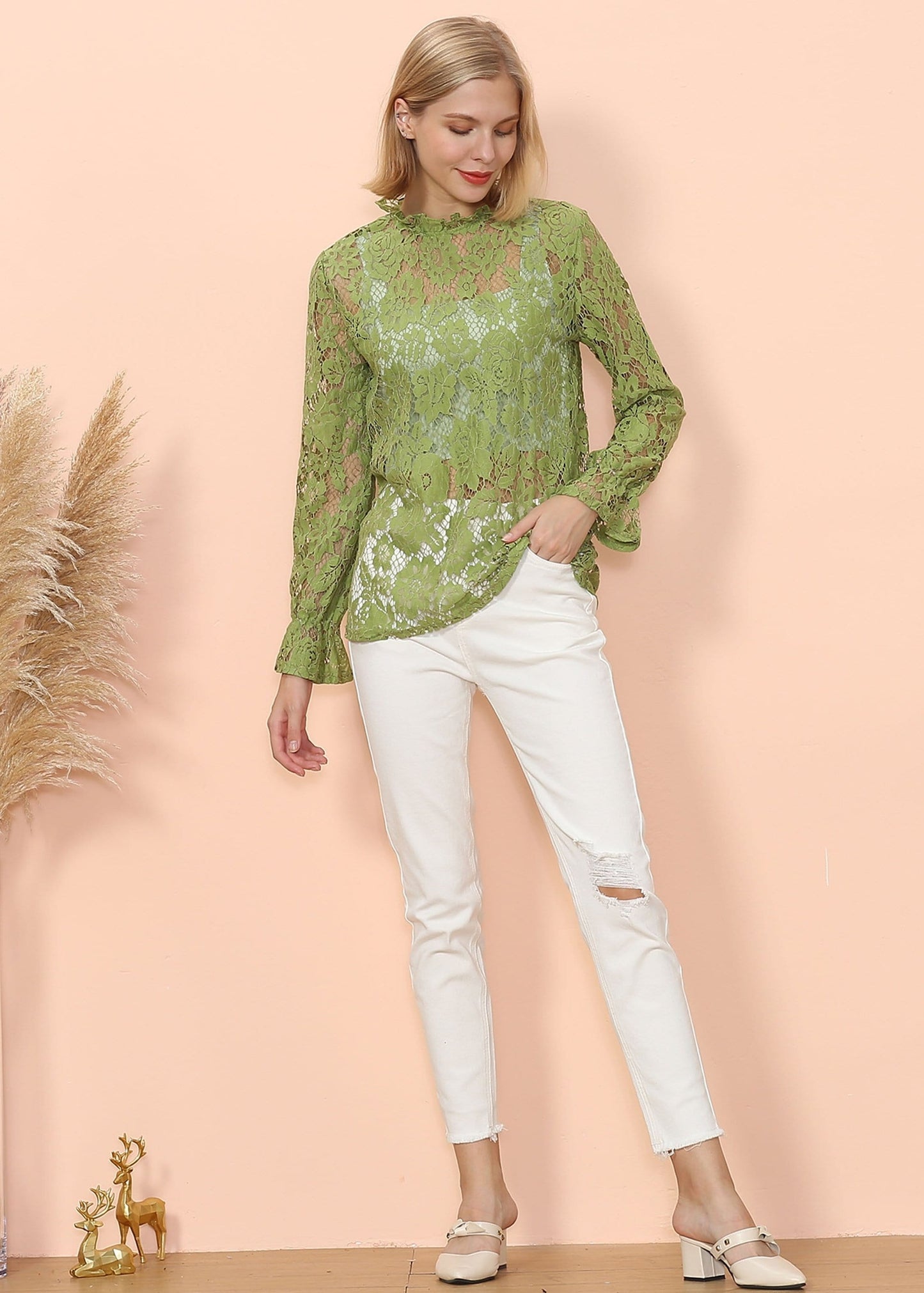 Layering Lace Puffed Sleeve Sheer Top