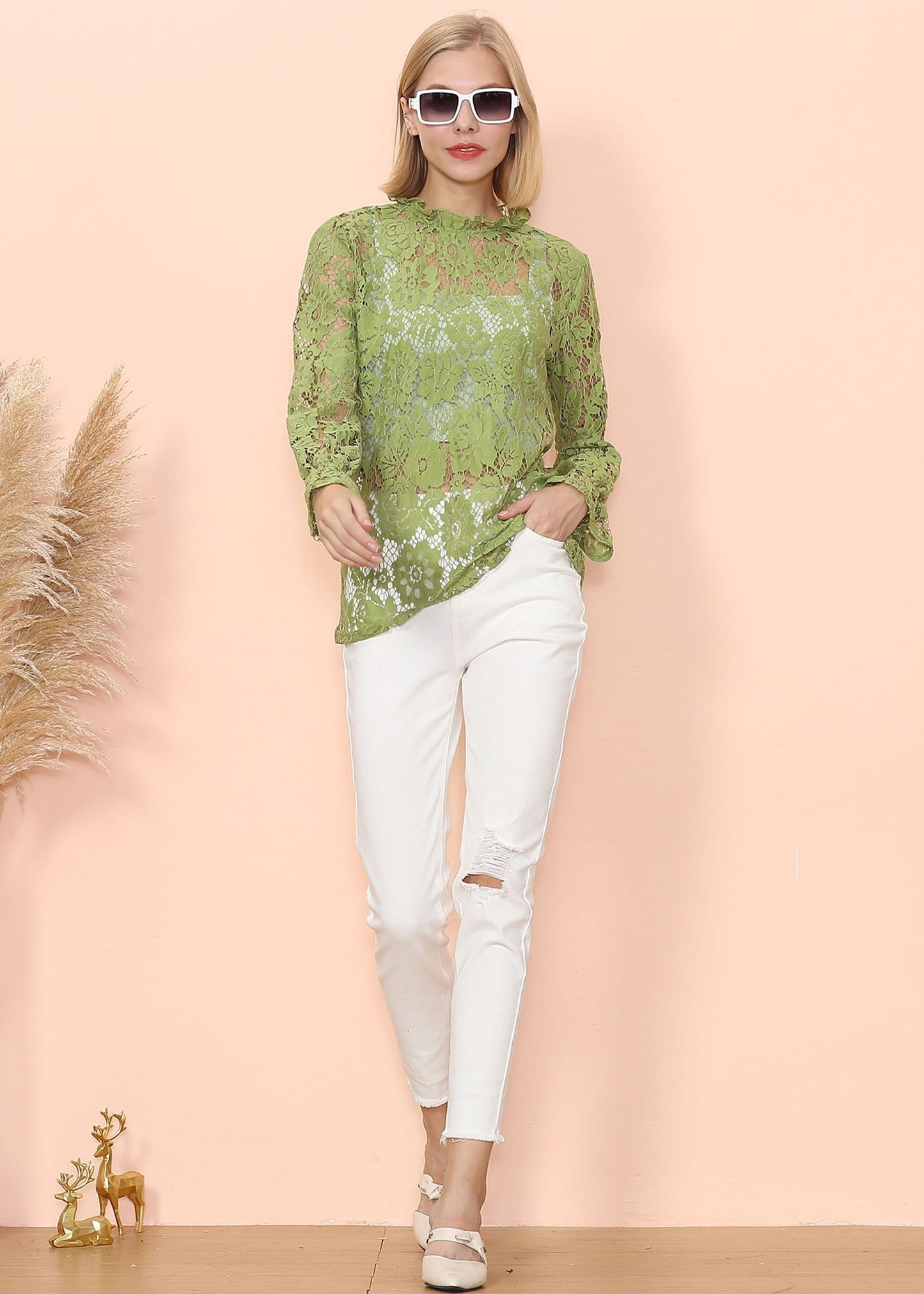 Layering Lace Puffed Sleeve Sheer Top