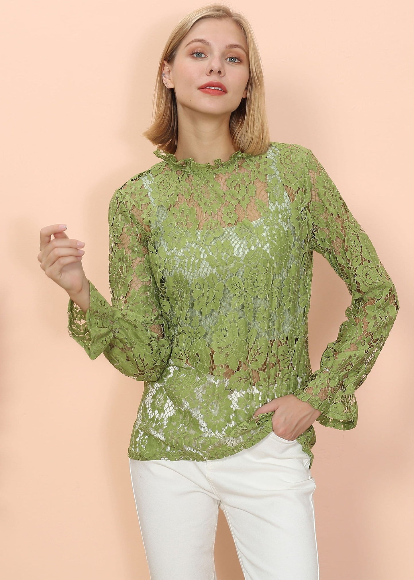 Layering Lace Puffed Sleeve Sheer Top