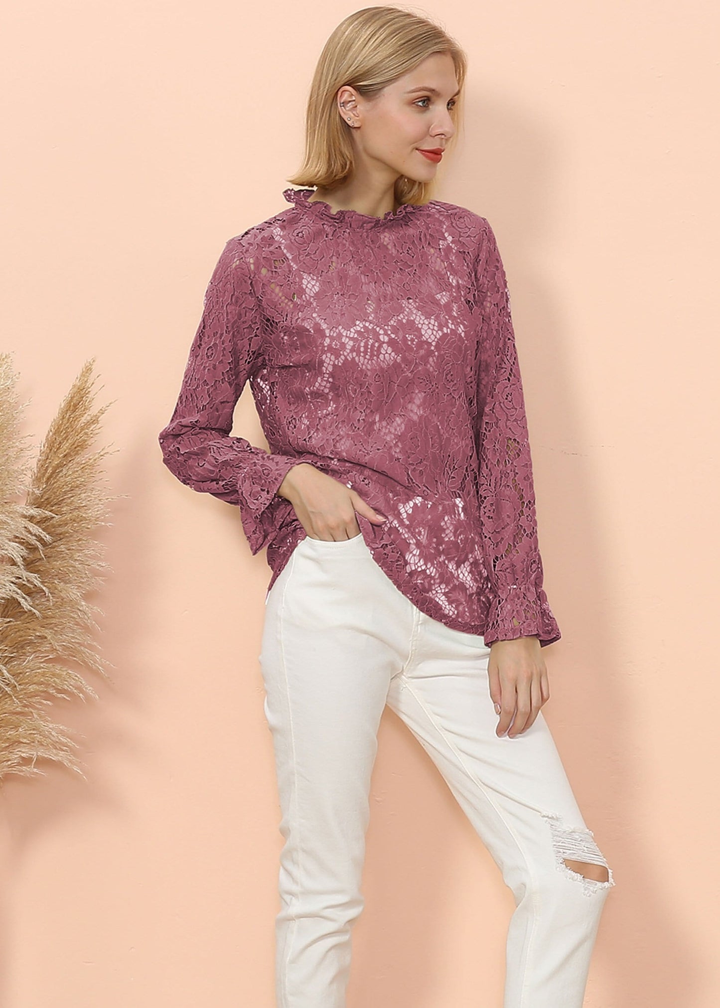 Layering Lace Puffed Sleeve Sheer Top