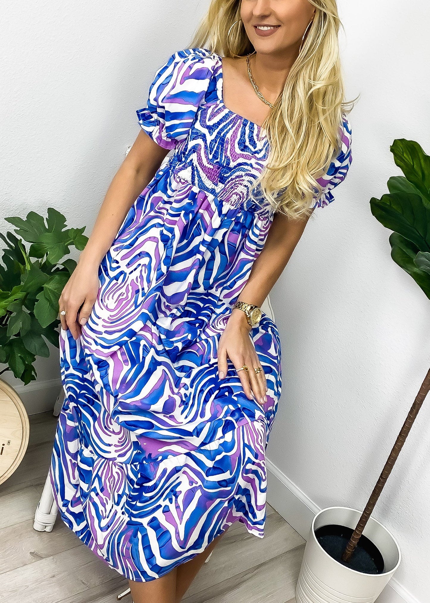 Abstract Print Puff Sleeve Dress