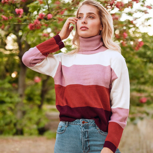 Striped Turtleneck Knit Pullover Sweater with Long Sleeves