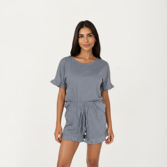 Short Sleeve Ruffle Hem Top and Drawstring Shorts Lounge Set