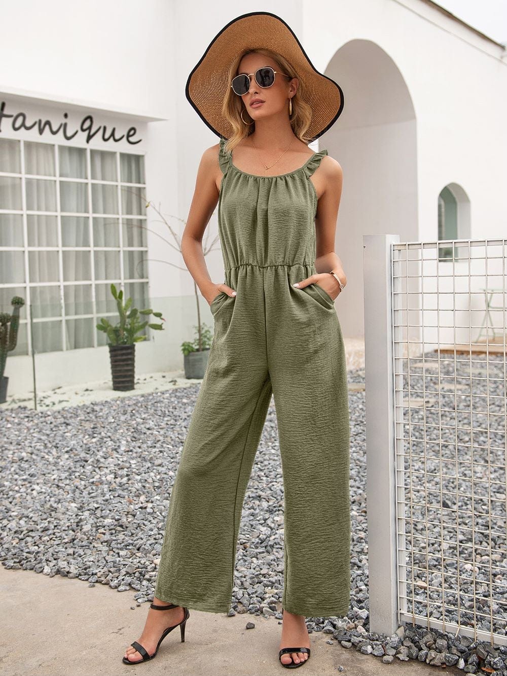 Solid Color Ruffle Strap Jumpsuit