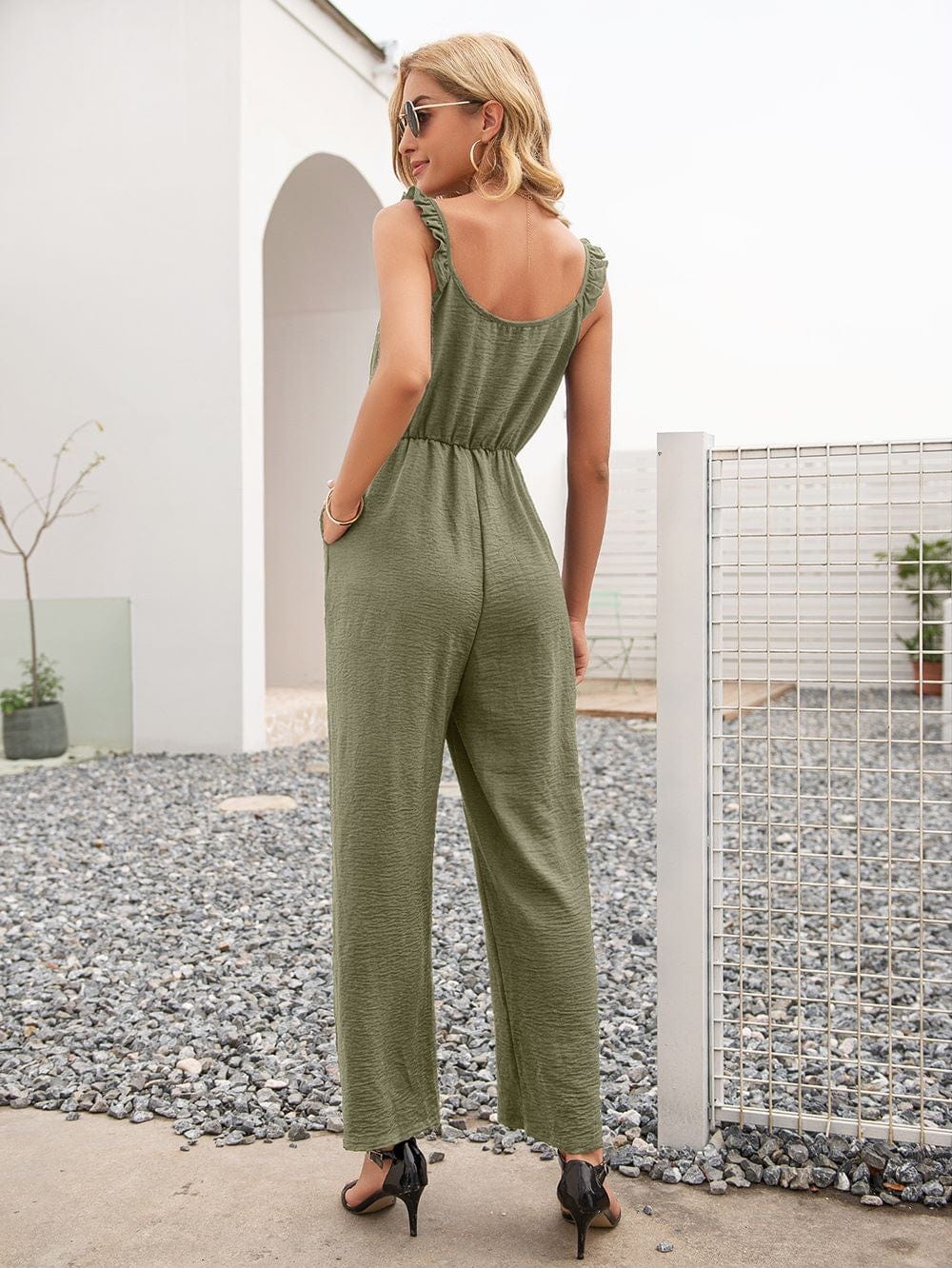Solid Color Ruffle Strap Jumpsuit