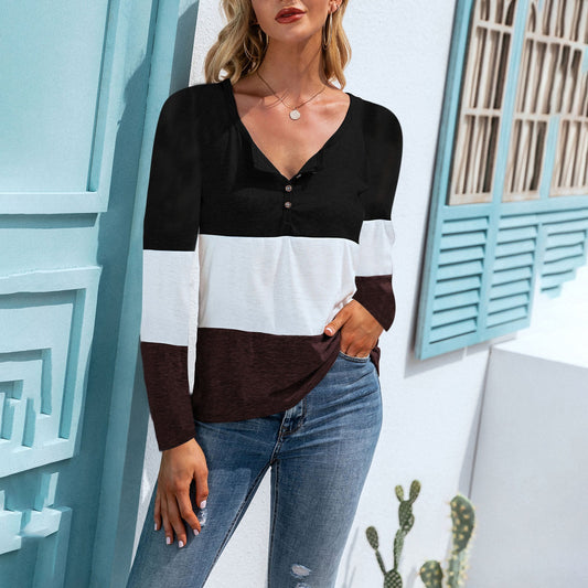 Color Block Button V-Neck Top