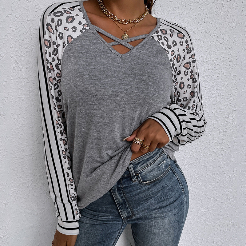 Striped Leopard Print Long Sleeve Top