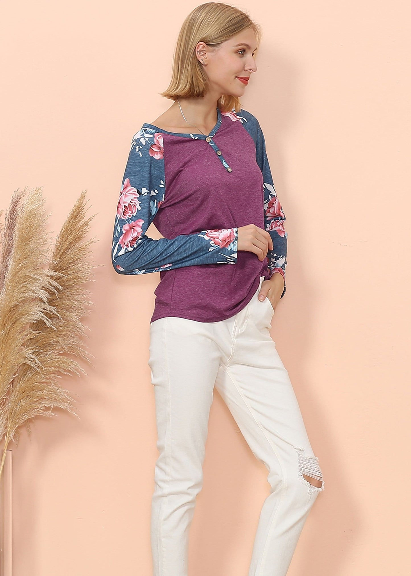 Floral Print Henley Long Sleeve