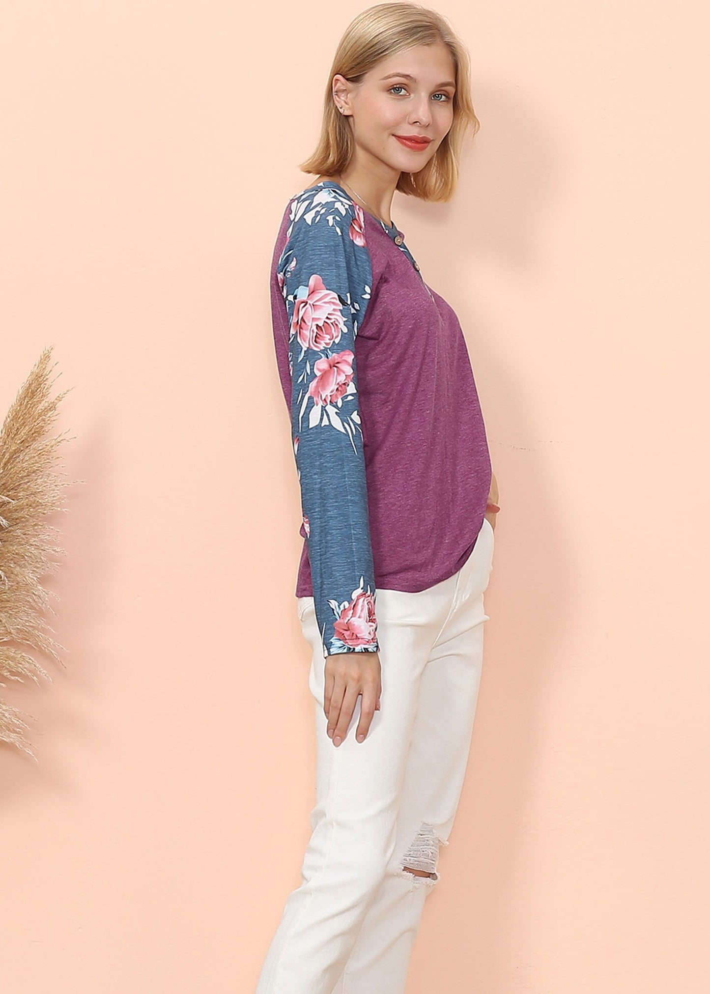 Floral Print Henley Long Sleeve