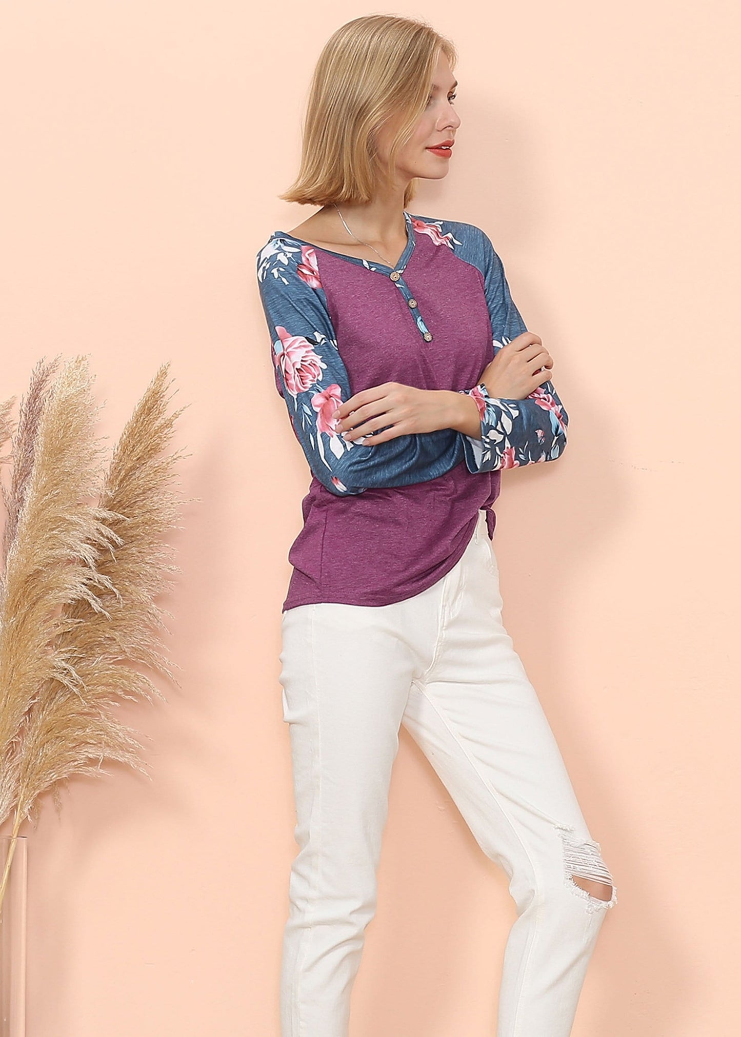 Floral Print Henley Long Sleeve