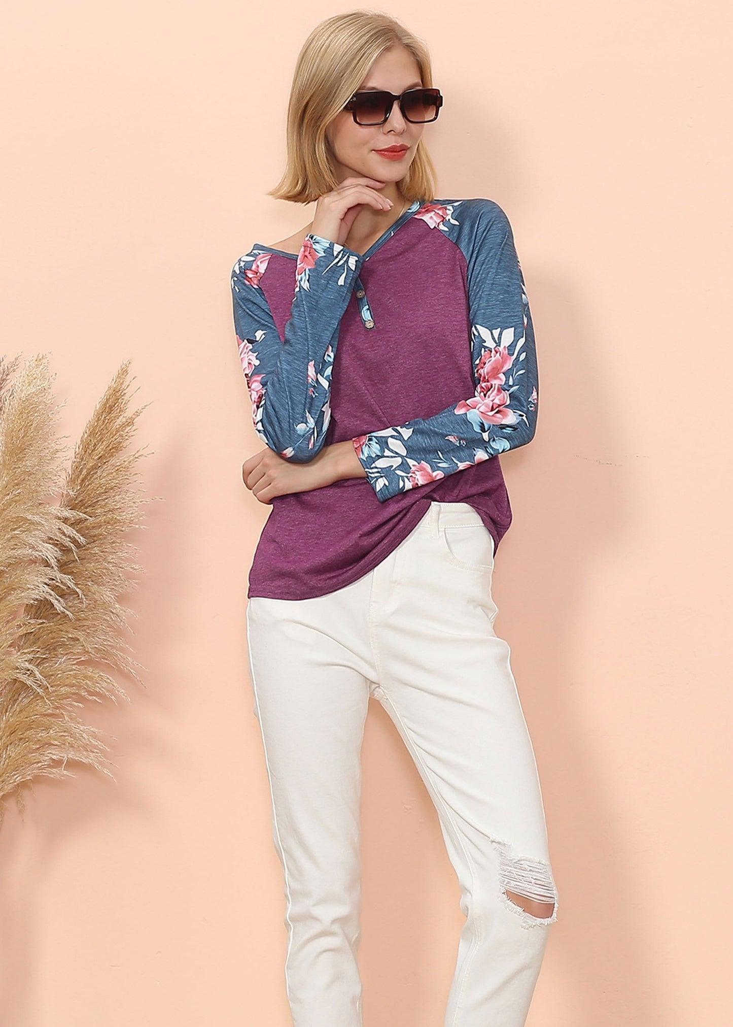 Floral Print Henley Long Sleeve