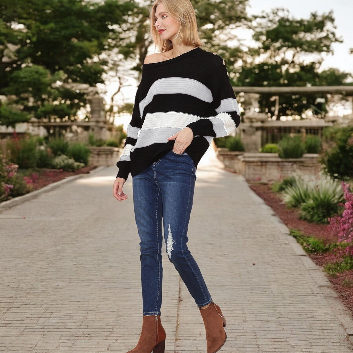 Long Sleeve Pullover Knit Sweater with Bold Wide Stripe Pattern and Relaxed Fit
