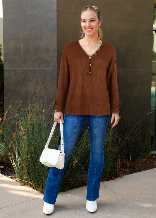 Contrast Button Detail Long Sleeve Textured Knit Sweater