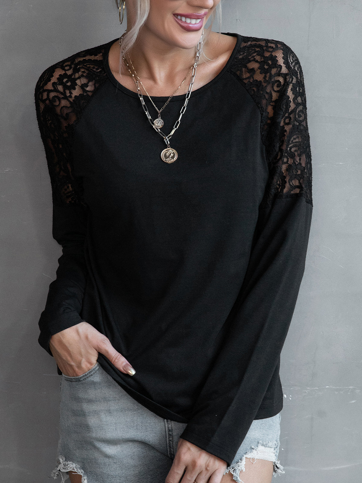 Lace Detail Raglan Sleeve Tee