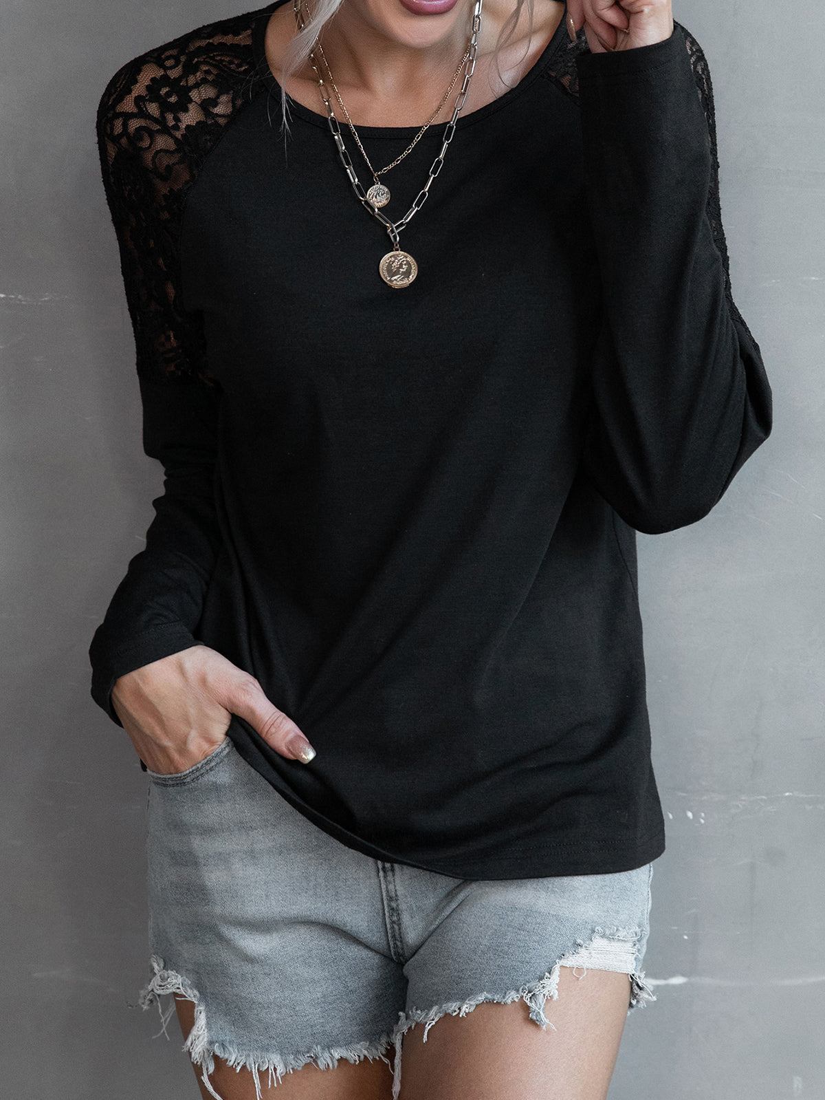 Lace Detail Raglan Sleeve Tee
