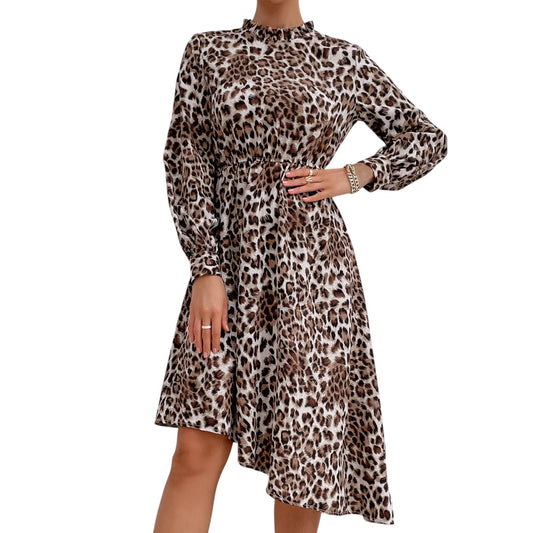 Long Sleeve Leopard Print Midi Dress with High Neckline and Asymmetrical Hem