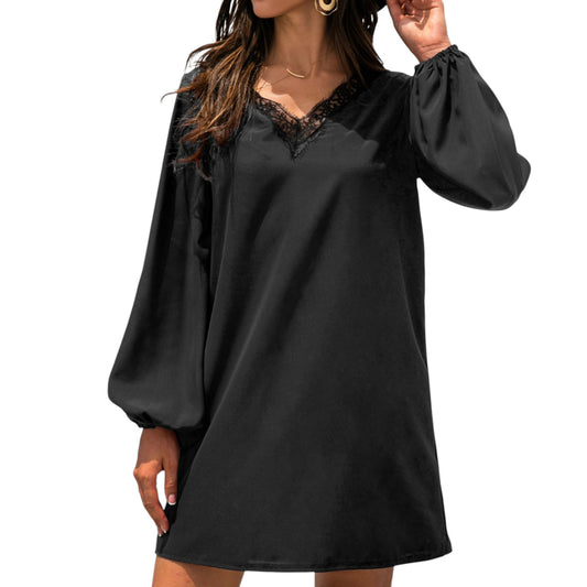Long Sleeve Mini Shift Dress with V-Neckline and Lace Trim Detail