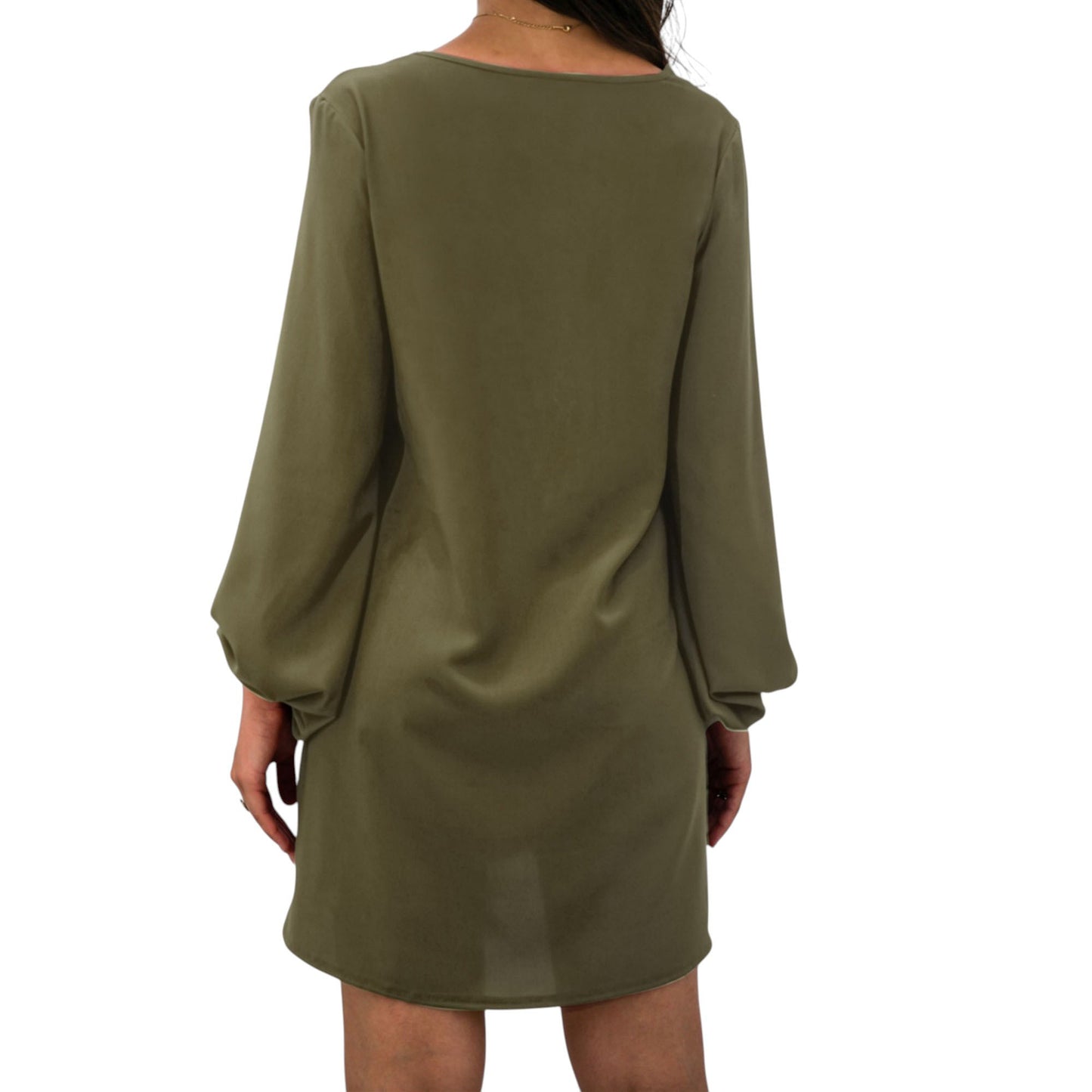 Long Sleeve Mini Shift Dress with V-Neckline and Lace Trim Detail