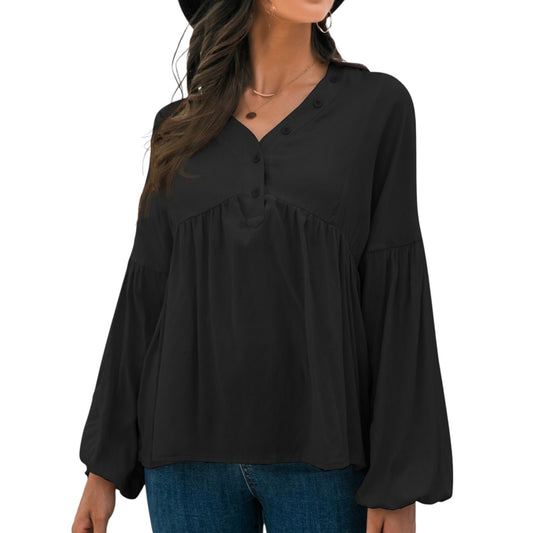 Long Sleeve Button Front Peasant Top with Gathered Waist and Flowy Fit