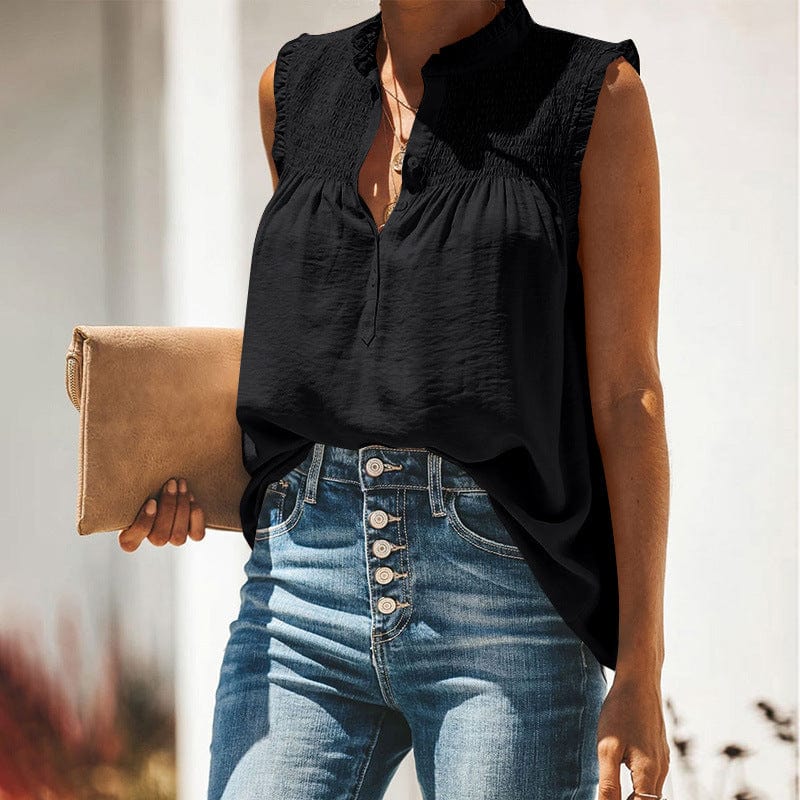 Shirred Neck Half Button Blouse