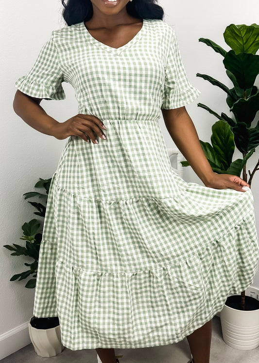 Gingham Print Short Sleeve Dress
