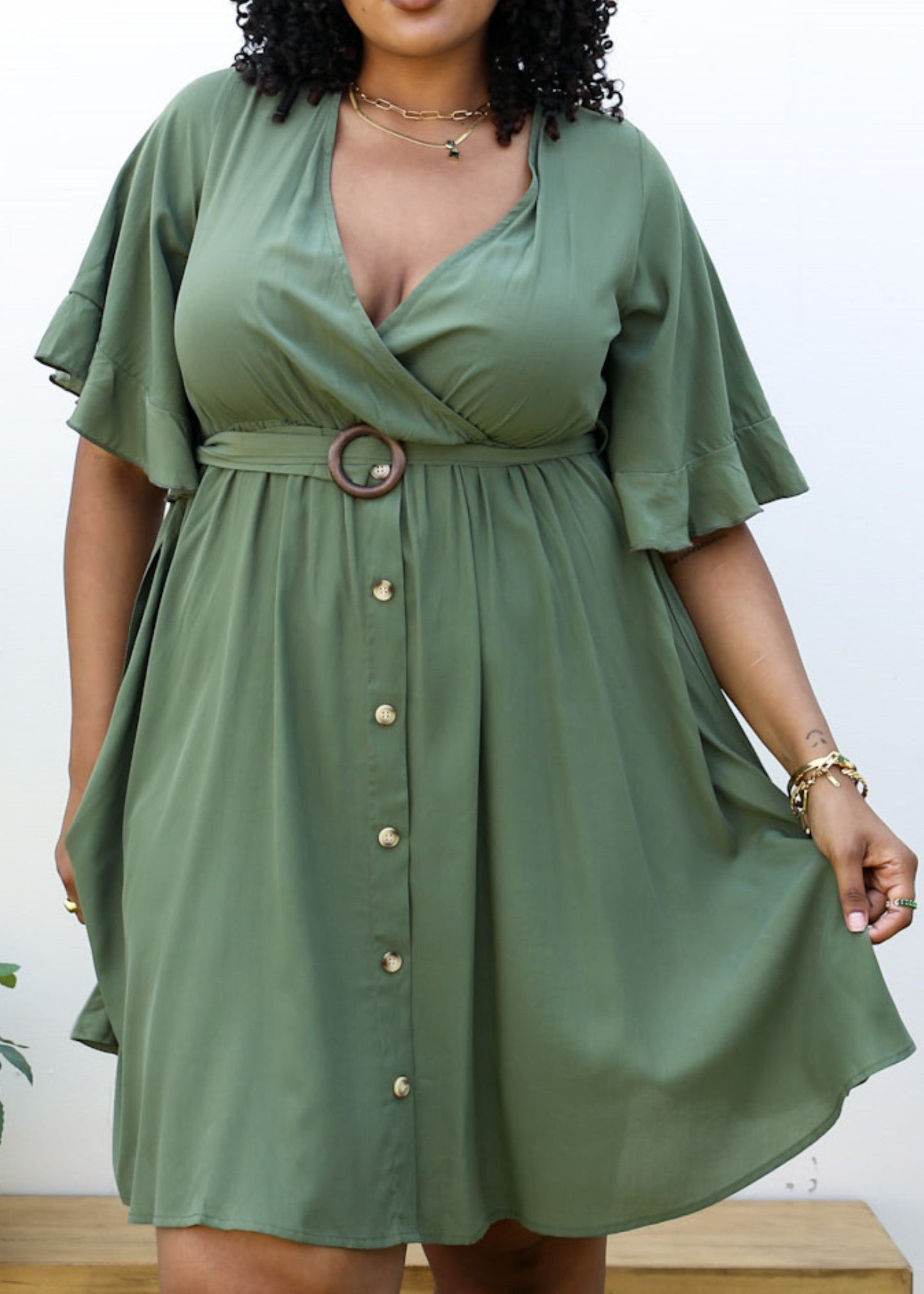 Plus Size O-Ring Tied Belt Waist Butterfly Flare Sleeve Midi Dress