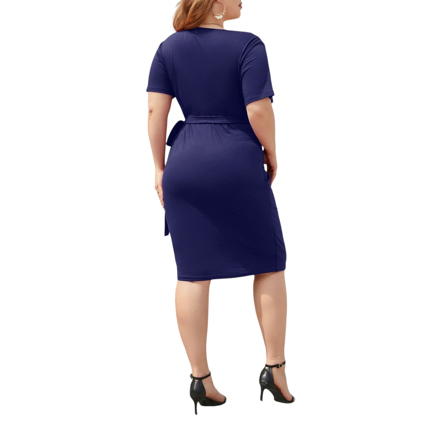 Plus Size Short Sleeve V-Neck Faux Wrap Dress with Side Tie and Draped Skirt