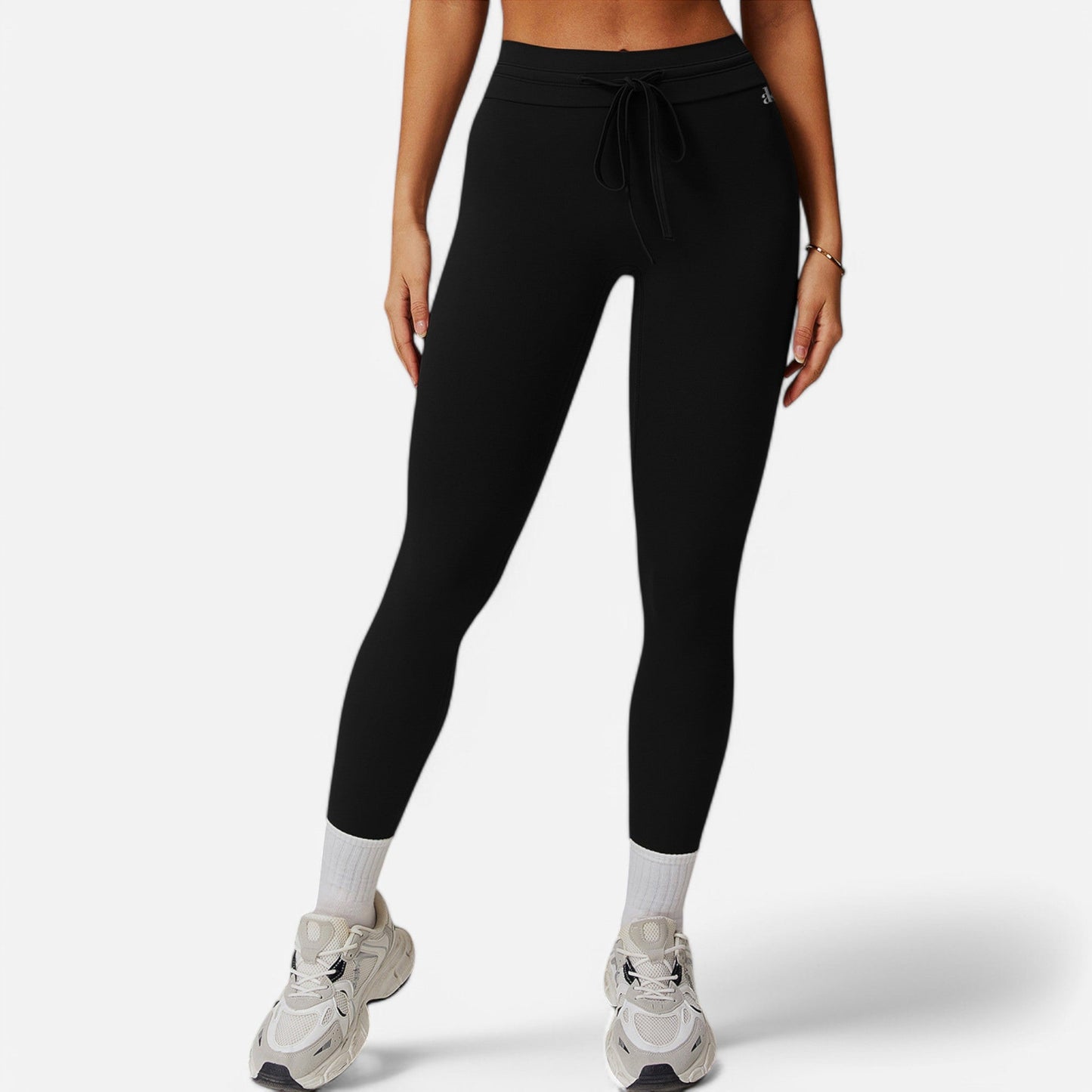 High Waist Drawstring Leggings with Stretchy Fit - Large, Black