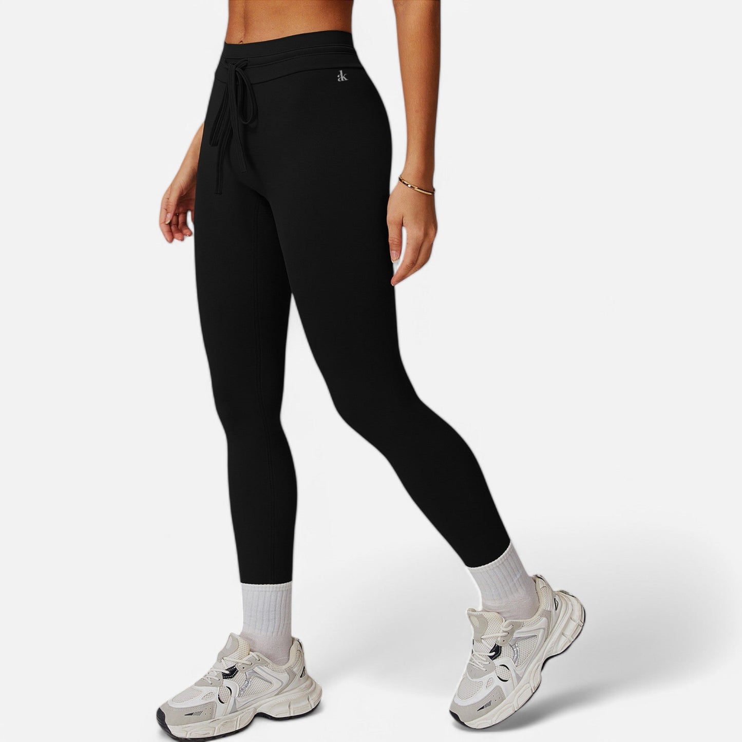 High Waist Drawstring Leggings with Stretchy Fit - Large, Black