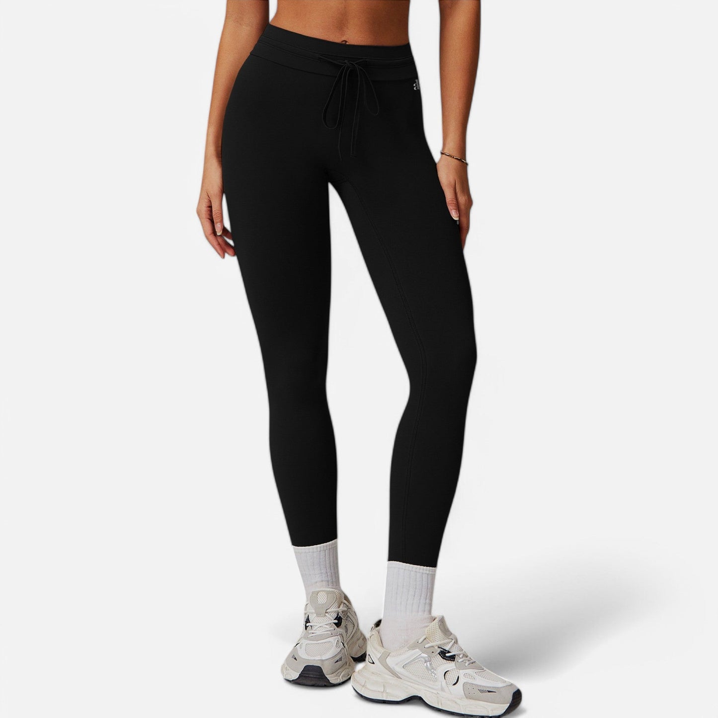High Waist Drawstring Leggings with Stretchy Fit - Large, Black