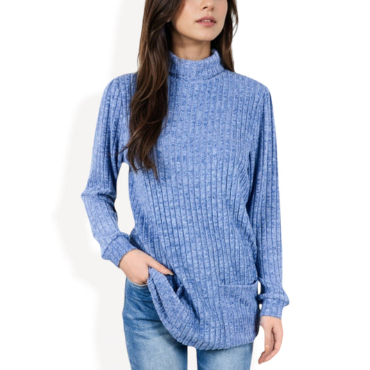 Mock Neck Long Sleeve Ribbed Knit Tunic with Front Pockets