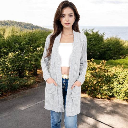 Open Front Ribbed Knit Cardigan with Front Pockets